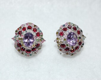 Amethyst and Colorful Faceted Gemstones Omega Back Silver Earrings