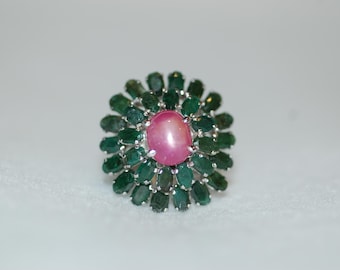 Ruby Cabochon and Emerald Vintage Style Cluster Cocktail Silver Ring