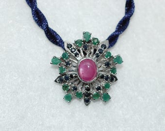 Ruby, Sapphire and Emerald Regal Convertible Silver Pendant Broach