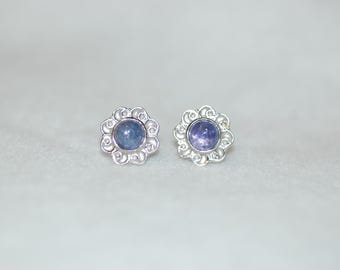 Violet Tanzanite Cabochon Swirl Silver Stud Earrings