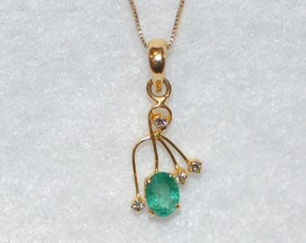 Emerald and Diamond Tulip Style Designer Necklace in 18K Yellow Gold Pendant
