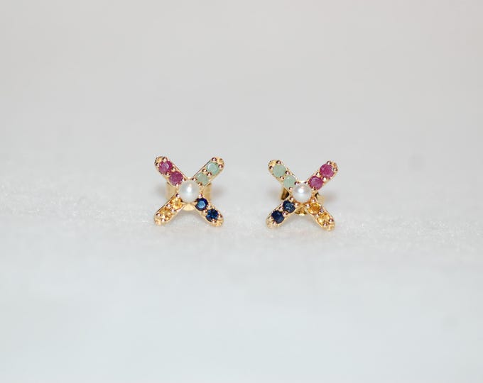 Featured listing image: Pearl and Multicolor Sapphires X Silver Stud Earrings