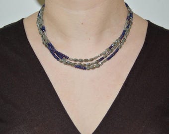 Blue Sapphires and Silverite Beads Cascade Silver Necklace