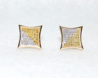 Geometric White and Yellow Diamonds Pave Gold Stud Earrings