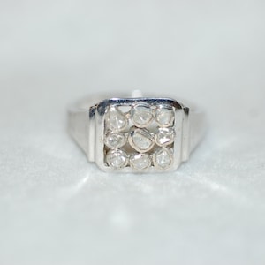 Nine Stone Rose Cut Diamond Unisex Sterling Silver Signet Ring