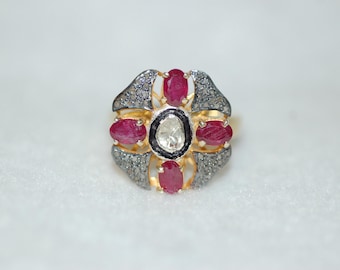 Ruby and Rose Cut Diamond Antique Style Maltese Cross Silver Ring