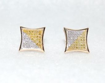Geometric White and Yellow Diamonds Pave Gold Stud Earrings