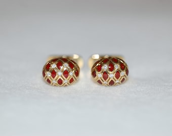 Diamond and Red Enamel Criss Cross 18K Yellow Gold Cuff Links