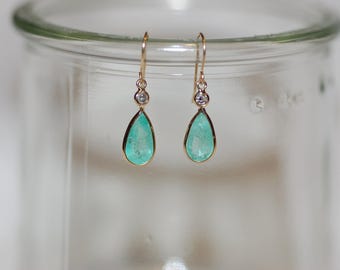 Emerald and Diamond Teardrop 14K Yellow Gold Dangle Earrings