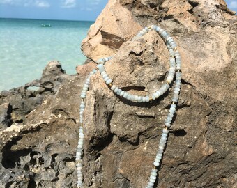 Long Aquamarine Rondell and Gold Bead Necklace