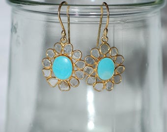 Diamond and Turquoise Stained Glass Dangle Earrings