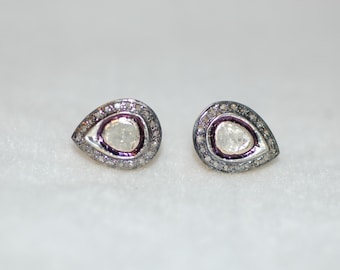 Rose Cut Diamond Pear Shape Silver Stud Earrings