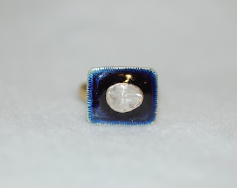 Diamond and Blue Enamel Block Silver Signet Ring
