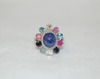 Tanzanite Cabochon and Multi Gemstone Large Silver Flower Cocktail Ring