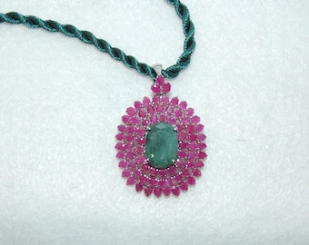 Ruby and Emerald Convertible Sunburst Statement Necklace Pin