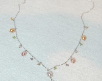 Pearl and Gemstone Silver Y Necklace
