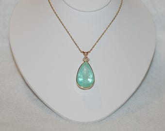 WOW! Emarald and Diamond Teardrop 14K Yellow Gold Necklace