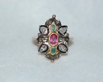 Diamond, Emerald and Ruby Antique Style Shield Ring