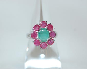 Emerald and Ruby Cluster Sterling Silver Cocktail Ring