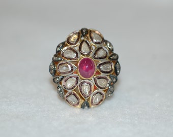 Ruby Cabochon and Diamonds Antique Style Large Shield Ring