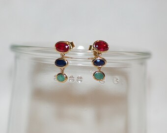 Graduated Emerald, Sapphire and Ruby Drop Earrings