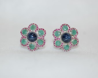 Star Sapphire Gemstone Flower Statement Omega Clip Silver Earrings