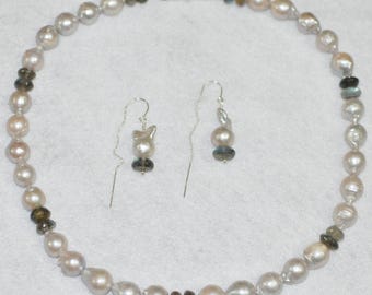 Baroque Pearl and Labradorite Silver Necklace Earrings Set