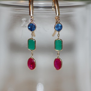 Mixed Cut Ruby, Emerald and Sapphire Gold Drop Earrings