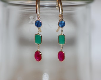 Mixed Cut Ruby, Emerald and Sapphire Gold Drop Earrings