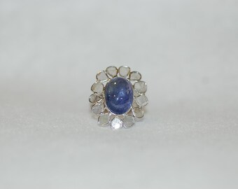 Tanzanite Cabochon and Rose Cut Diamond Flower Sterling Silver Ring