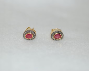 Ruby and Diamond Antique Style Stud Earrings