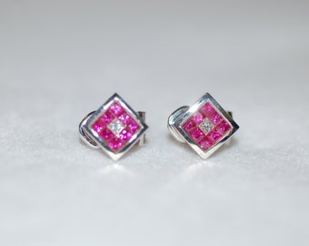 Ruby and Diamond Square Stud Earrings