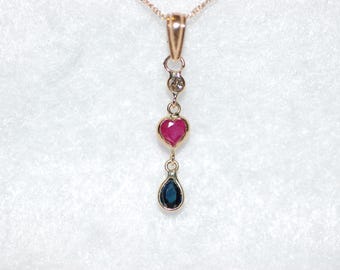Ruby Heart, Sapphire and Diamond Heart Gold Necklace