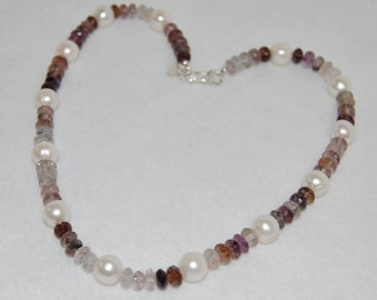 Pearl and Moss Amethyst Beads Tin Cup Silver Necklace