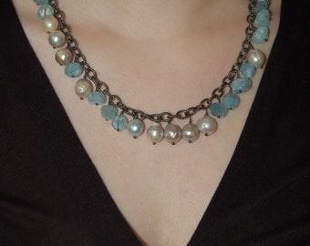 Baroque Pearl and Rough Aquamarine Bead Fringe Necklace