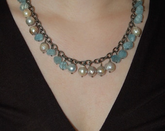 Baroque Pearl and Rough Aquamarine Bead Fringe Necklace