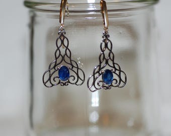 Sapphire Celtic Knot Style Hanging 14K White Gold Earrings