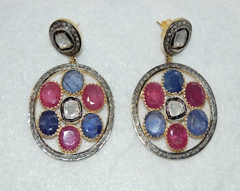 Statement Diamond, Sapphire and Ruby Doorknocker Earrings