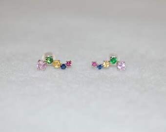 Colorful Tsavorite and Sapphires Gemstones Wave 14K White Gold Stud Earrings
