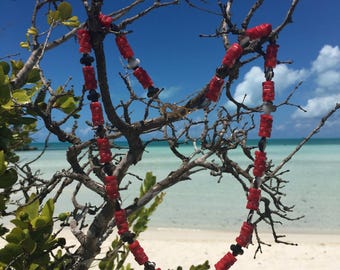 Coral and Mother of Pearl Exotic Long Silver Necklace