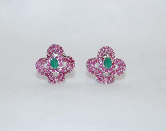 Ruby and Emerald Clover Omega Clip Silver Earrings