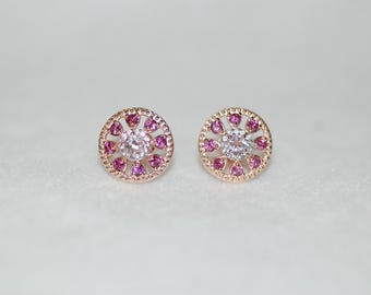 Morganite and Rhodolite Garnet Pinwheel Stud Silver Earrings
