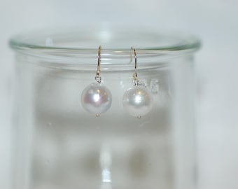 Creamy White Round South Sea Pearls Dangle Gold Earrings