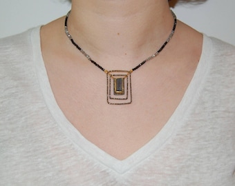 Art Deco Labradorite and Diamonds Silver Necklace