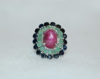 Pink Ruby Cabochon, Multi Gemstone Cocktail Ring with Sapphires and Emeralds in Sterling Silver