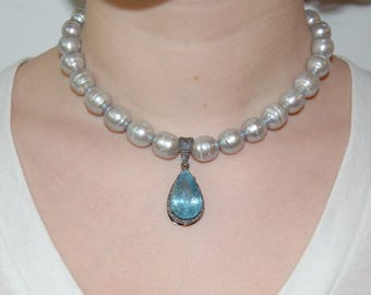 Blue Aquamarine Tear Drop with Diamonds and Gray Baroque Pearls Statement Silver Necklace