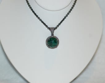 Faceted Emerald and Salty Micro Diamonds Silver Pendant Necklace