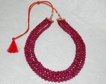 Three Strand Carved Ruby Bead Necklace