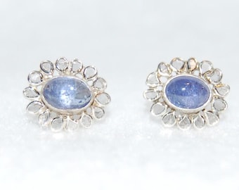 Cabochon Tanzanite and Rose Cut Diamond Flower Stud Earrings