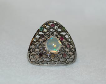 Opal and Multi Gem Tourmaline Geometric Oxidized Ring